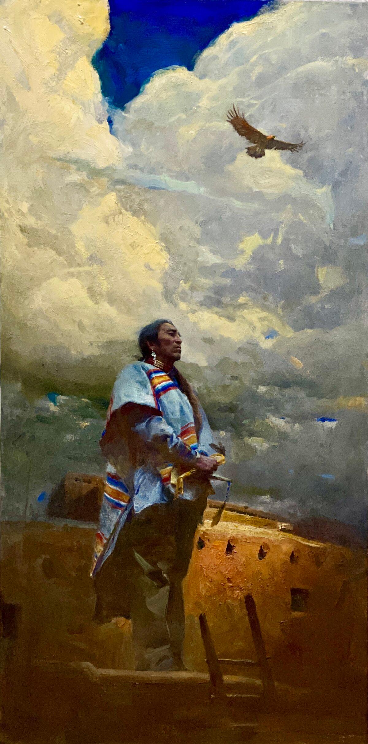 “Eagle’s Witness” by Huihan Liu. Oil on linen; 40 inches by 20 inches. Winner of the 2025 Frederic Remington Painting Award. (Courtesy of the National Cowboy & Western Heritage Museum)
