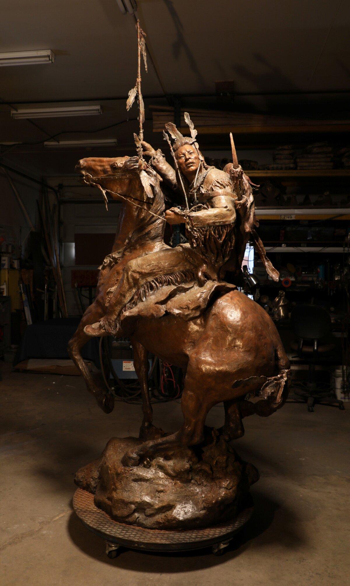 “Victory! Plenty Coups” by John Coleman. Bronze; 9 feet, 9 inches by 5 feet by 3 feet. Winner of the 2025 James Earle Fraser Sculpture Award. (Courtesy of the National Cowboy & Western Heritage Museum)