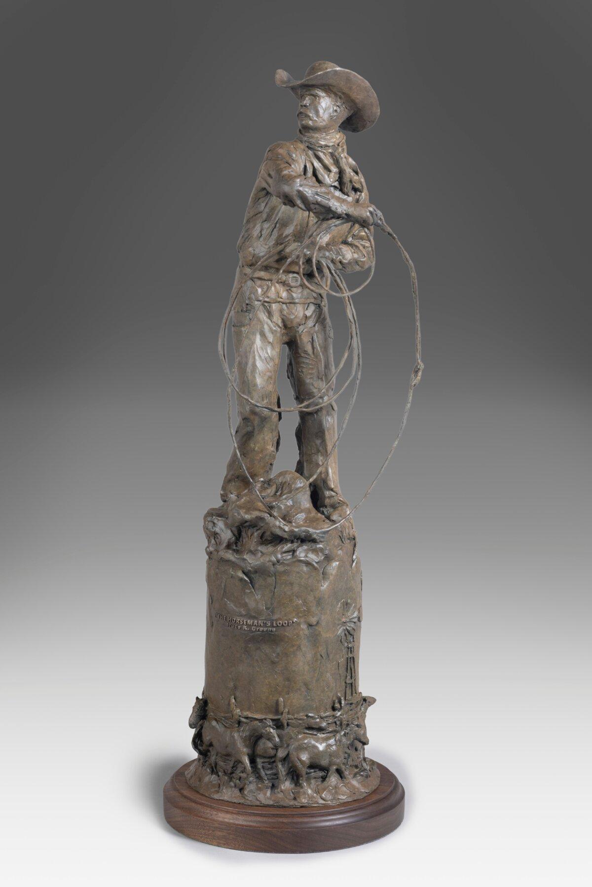 “The Horseman’s Loop” by Bruce R. Greene. Bronze; 23 inches by 8 inches by 8 inches. Winner of the 2025 Express Ranches Great American Cowboy Award. (Courtesy of the National Cowboy & Western Heritage Museum)