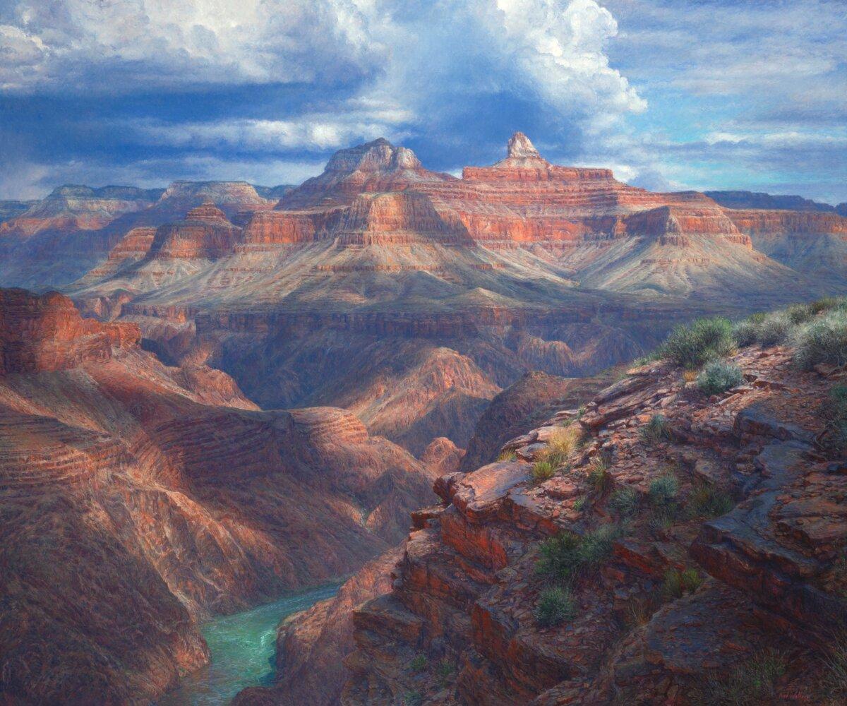 “Thunderous Resound: Plateau Point” by Curt Walters. Oil on canvas; 50 inches by 60 inches. Winner of the 2025 Buyers’ Choice Award. (Courtesy of the National Cowboy & Western Heritage Museum)