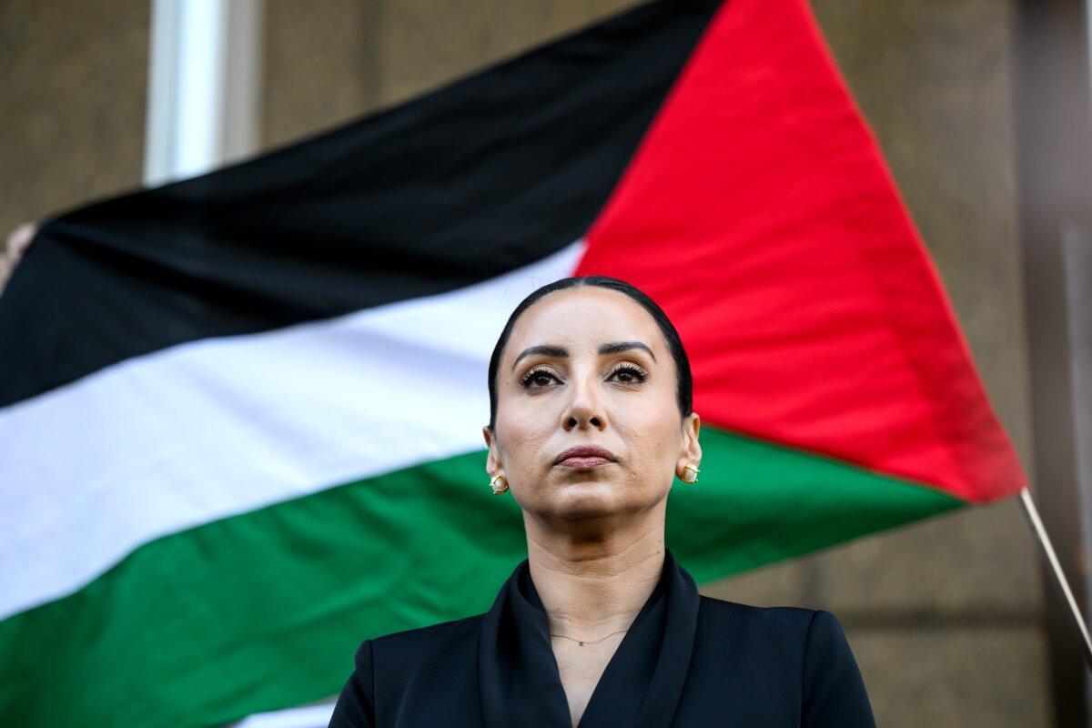 Antoinette Lattouf speaks to the media during a doorstop at the Federal Court in Sydney, Australia, on June 25, 2025. (AAP Image/Bianca De Marchi)
