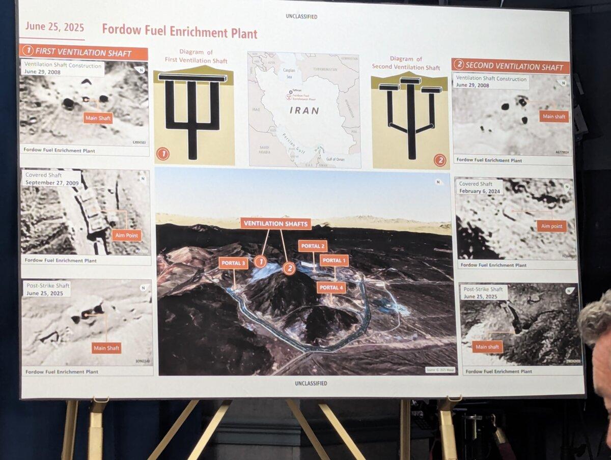 Pentagon displays a board showing the U.S. strike operation at Fordow Fuel Enrichment Plant at a press conference on June 26, 2025. (Ryan Morgan/The Epoch Times)