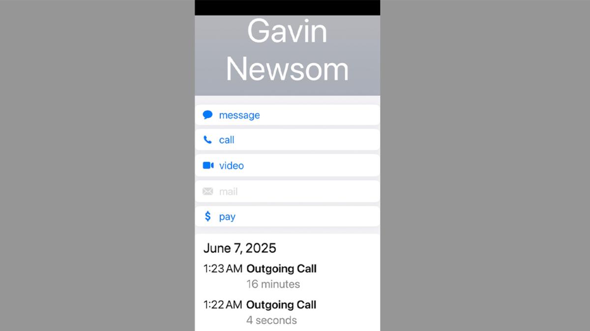 President Donald Trump provided Fox News with this screenshot, which he said depicts details of a phone call made to California Gov. Gavin Newsom on June 7, 2025. (Fox News)