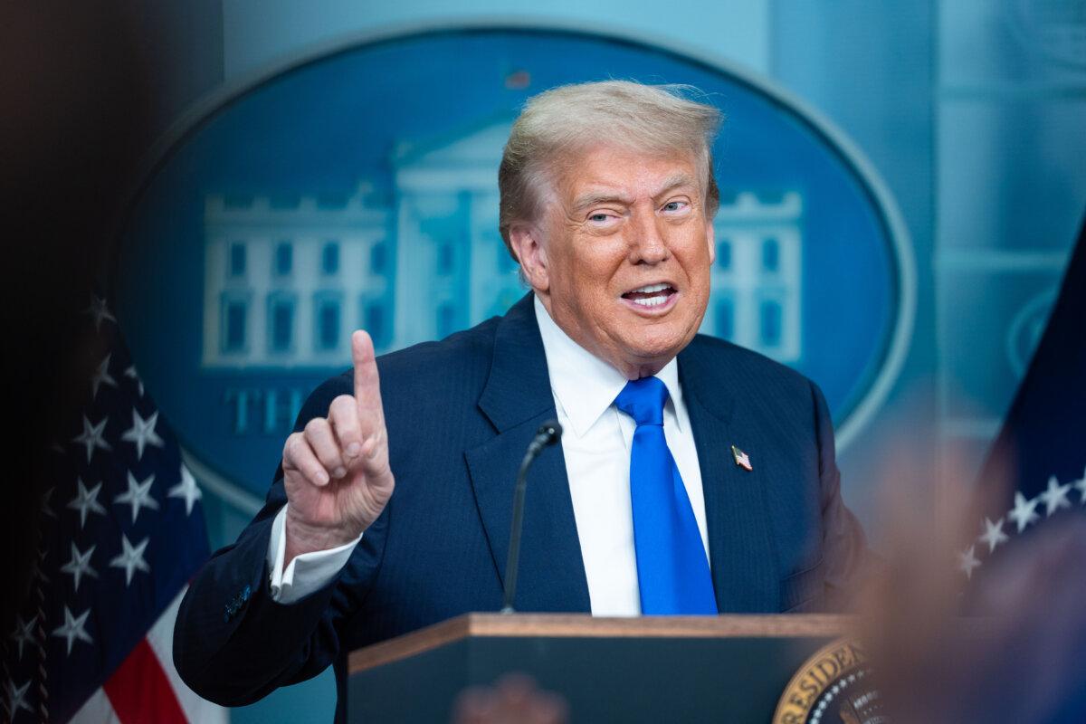 President Donald Trump speaks to reporters in the James S. Brady Press Briefing Room at the White House on June 27, 2025. (Madalina Kilroy/The Epoch Times)