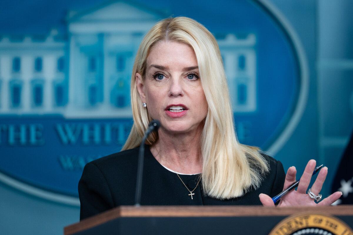 Attorney General Pam Bondi speaks to reporters in the James S. Brady Press Briefing Room at the White House on June 27, 2025. (Madalina Kilroy/The Epoch Times)