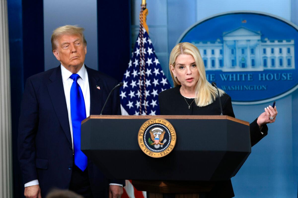 Attorney General Pam Bondi speaks alongside President Donald Trump on recent Supreme Court rulings, in the briefing room at the White House on June 27, 2025. (Joe Raedle/Getty Images)