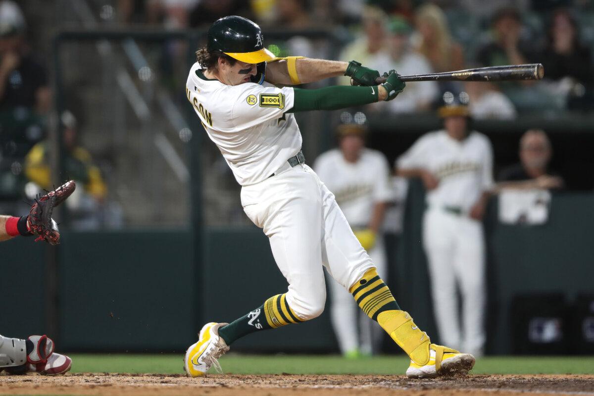 Jacob Wilson #5 of the Athletics hits a RBI single against the Cleveland Guardians during the seventh inning at Sutter Health Park in Sacramento, Calif., on June 20, 2025. (Scott Marshall/Getty Images)
