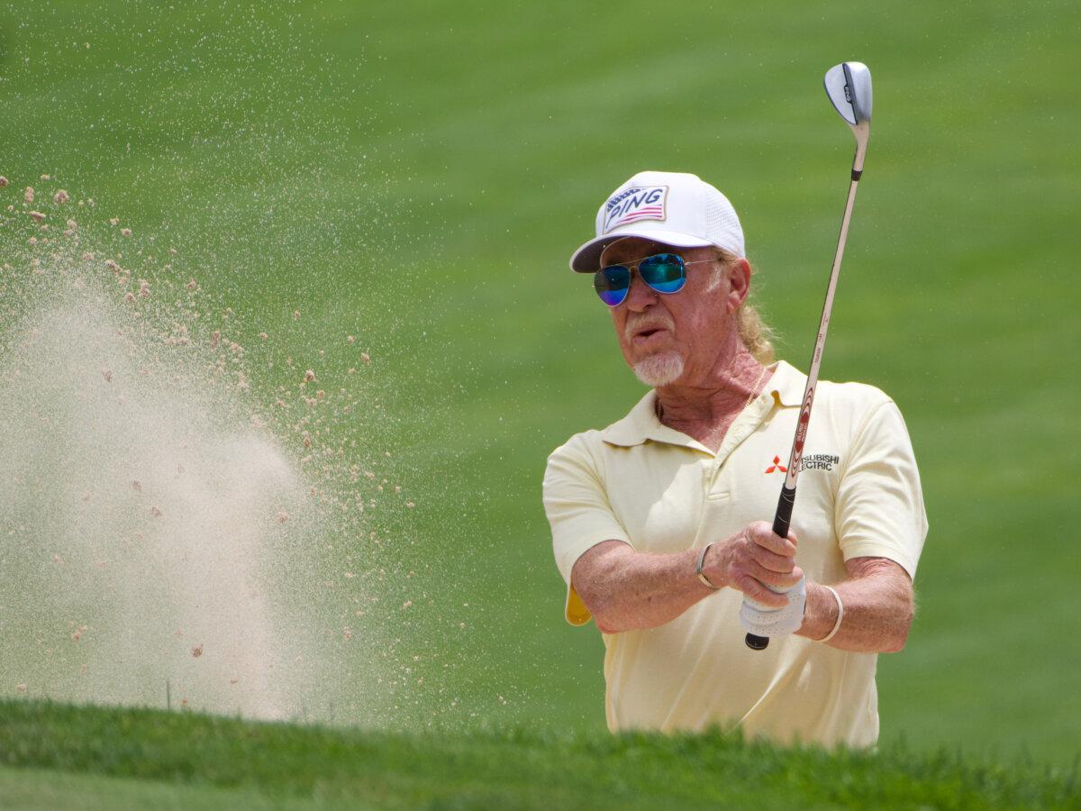 Padraig Harrington Wins His Second U.S. Senior Open at the Broadmoor 3 Miguel Angel Jimenez blasts out of a sand trap in front of the 15th green during the final round of the U.S. Senior Open at the Broadmoor Golf Club in Colorado Springs, Colo., on June 29, 2025. (Travis Gillmore/The Epoch Times)