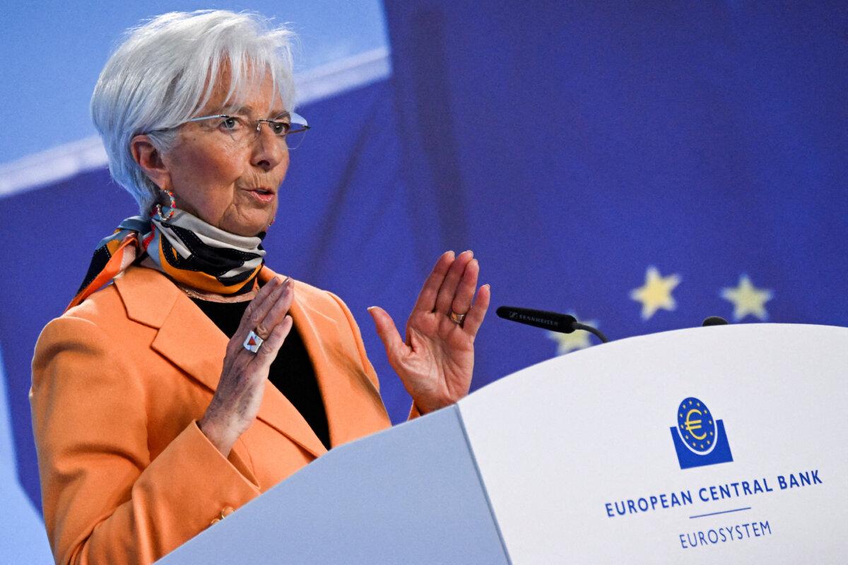 European Central Bank President Christine Lagarde speaks to reporters following the Governing Council's monthly monetary policy meeting in Frankfurt, Germany, on March 6, 2025. (Jana Rodenbusch/Reuters)