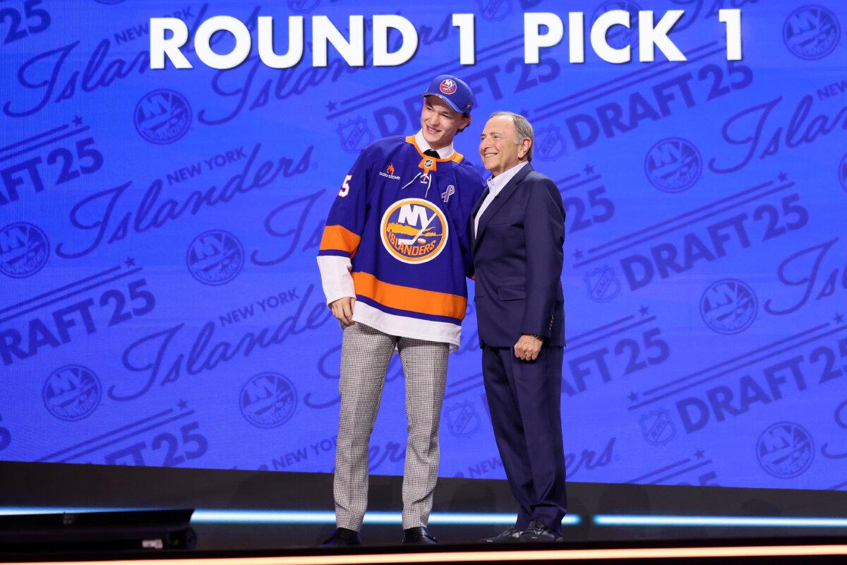 Matthew Schaefer with NHL Commissioner Gary Bettman after being picked No. 1 overall by the N.Y. Islanders at the NHL draft at the Peacock Theater in Los Angeles on June 27, 2025. (Bruce Bennett/Getty Images)