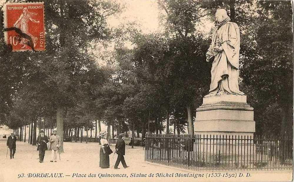 A postcard of the statue of Michel de Montaigne in Bordeaux, France. (Public Domain)