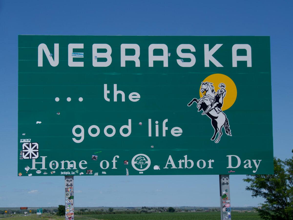 A sign on Interstate 80 welcomes travelers to Nebraska, as seen on June 30, 2025. (Travis Gillmore/The Epoch Times)