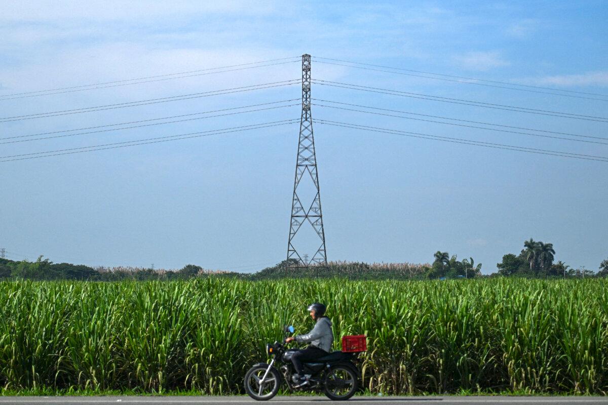 A man rides a motorcycle past a high-voltage post in a sugar cane field in Yumbo, Colombia, on July 2, 2025. (Joaquin Sarmiento/AFP via Getty Images)