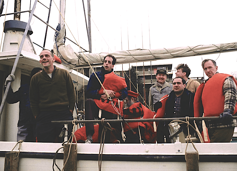 (L–R) Max Taber (Christopher Lloyd), Bruce Fredrickson (Vincent Schiavelli), Dale Harding (William Redfield), Martini (Danny DeVito), Billy Bibbit (Brad Dourif), and Jim Sefelt (William Duell) get ready to go fishing, in "One Flew Over the Cuckoo's Nest." (United Artists)