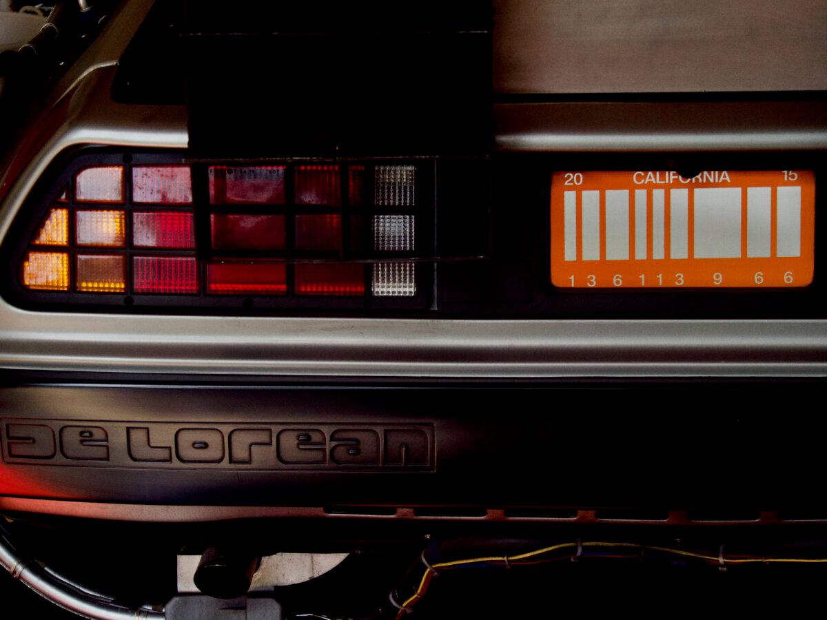 The Franchi family's DeLorean "time machine" includes a California license plate with a bar code to match the design from the "Back to the Future" movie franchise. (Travis Gillmore/The Epoch Times)