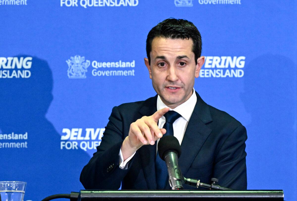 Queensland Premier David Crisafulli is seen talking to the media before the handing down of the 2025-26 budget at Queensland Parliament in Brisbane, Australia on June 24, 2025.(AAP Image/Darren England)