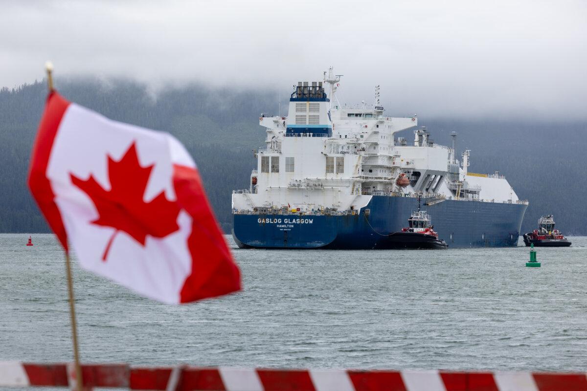 A tanker loaded with the first cargo of Canadian liquefied natural gas departs from Kitimat, B.C., in this June 30, 2025 photo provided by LNG Canada. (The Canadian Press/Handout LNG Canada)