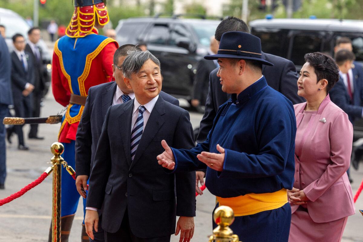 Japanese Emperor Naruhito (L) arrives for a visit to the Chinggis Khan National Museum in Ulaanbaatar, the capital of Mongolia, on July 7, 2025. (Byambasuren Byamba-Ochir/AFP via Getty Images)