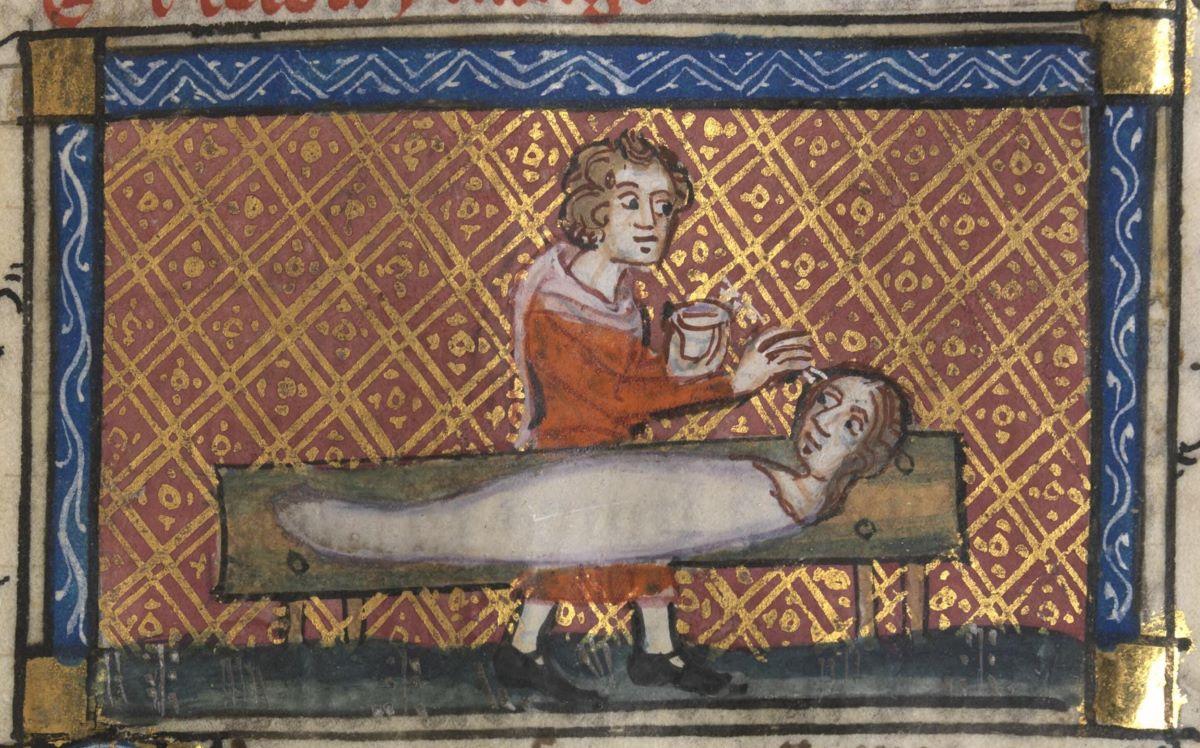 Miniature from a 14th-century manuscript of Pygmalion working on his sculpture. (<a href="https://viewer.library.wales/4643220#?xywh=-788%2C-137%2C5379%2C2733">National Library of Wales</a>/<a href="https://creativecommons.org/publicdomain/zero/1.0/deed.en">CC0</a>)