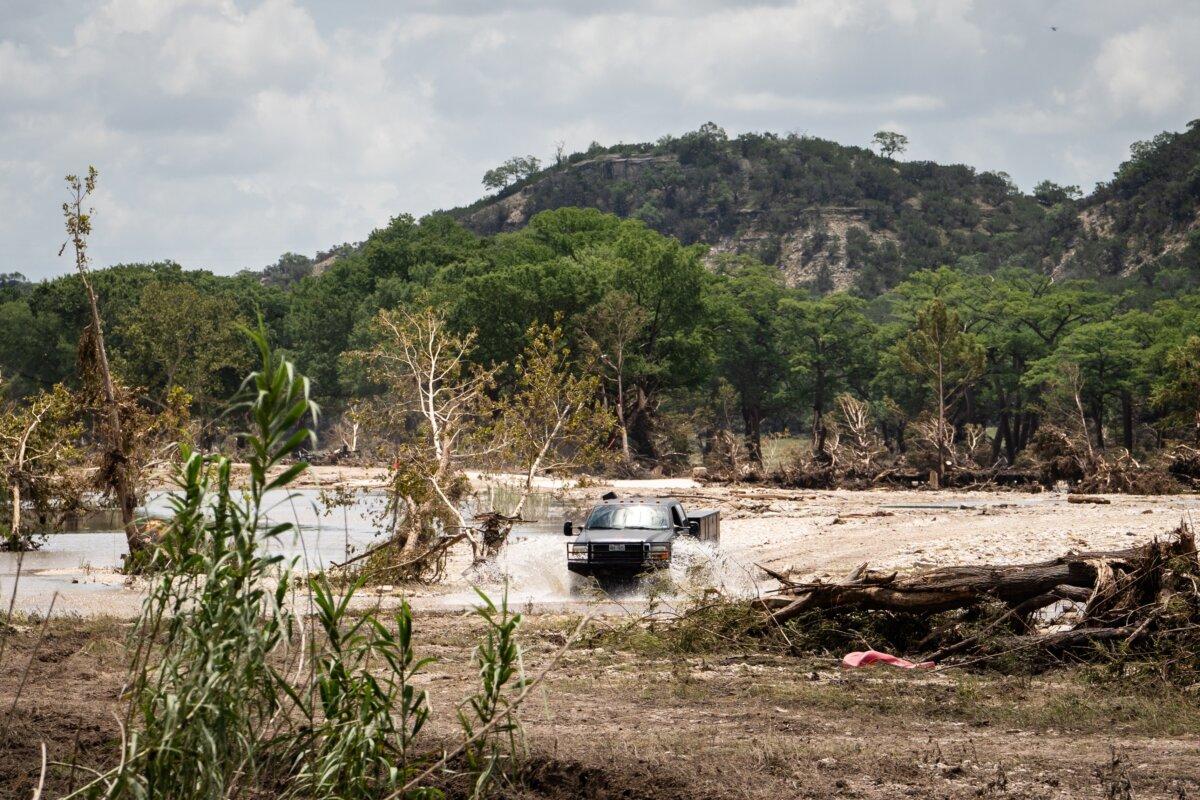 Debris left from flooding on the Guadalupe River can be seen outside of Kerrville, Texas, on July 8, 2025. (Madalina Kilroy/The Epoch Times)