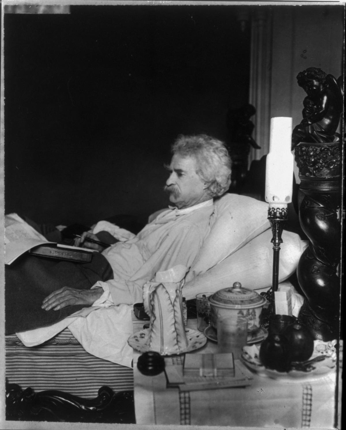 Twain in bed in 1906. He claimed an irregular sleep schedule, going to bed only when he had no one left to talk to and rising only when necessary. (Library of Congress)