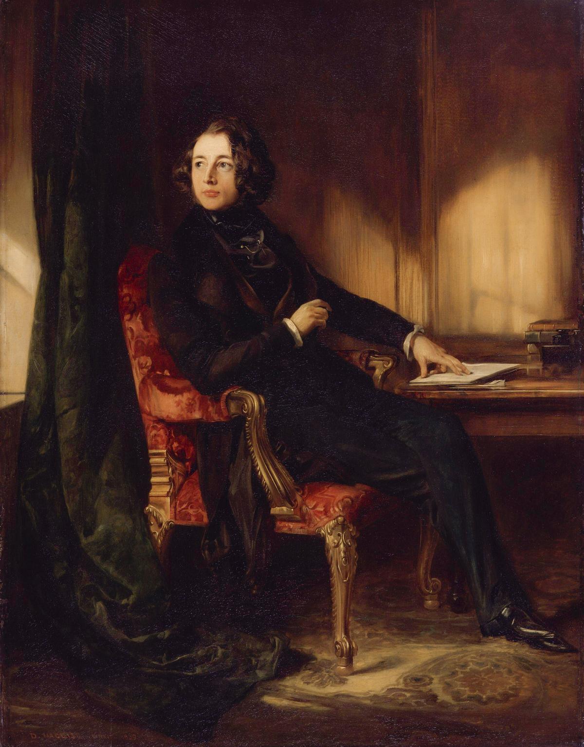 "Charles Dickens" by <span id="creator" class="fn"><bdi><span title="Irish history, literary and portrait painter, and illustrator (1806-1870)">Daniel Maclise, 1839. </span></bdi></span>(Public domain)