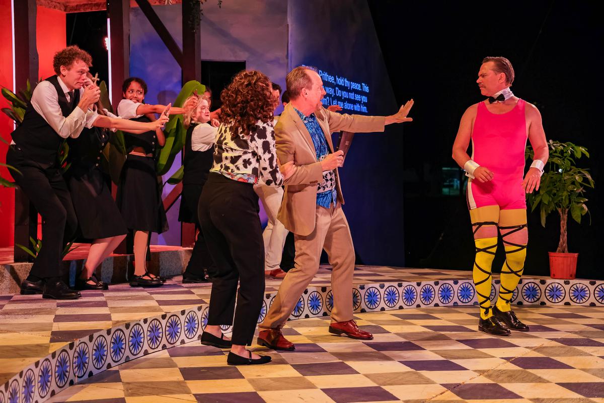 Everyone is horrified at Malvolio's (Josh Christopher, R) new outfit, in "Twelfth Night." (Josh Darr)