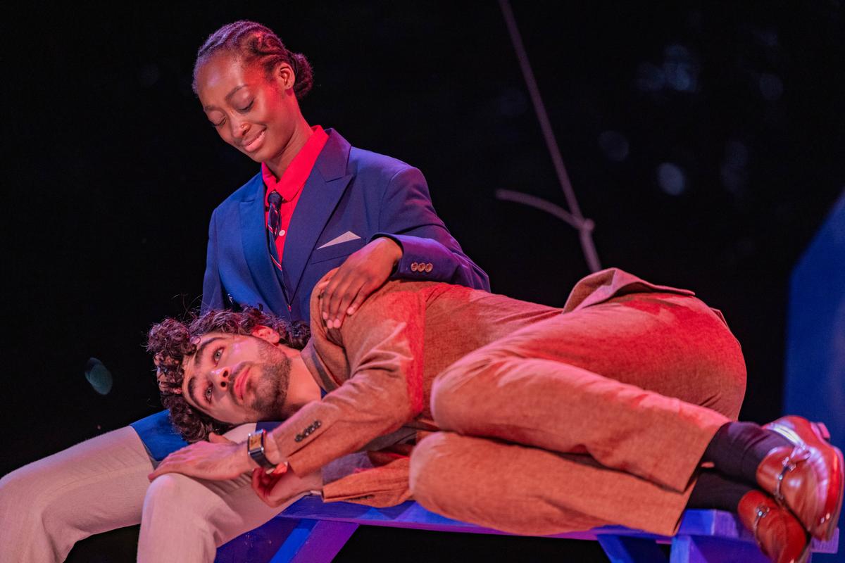 Viola (Ama Kuwonu, L), in disguise as Cesario, consoles Duke Orsino (Evan Ozer), in "Twelfth Night." (Josh Darr)