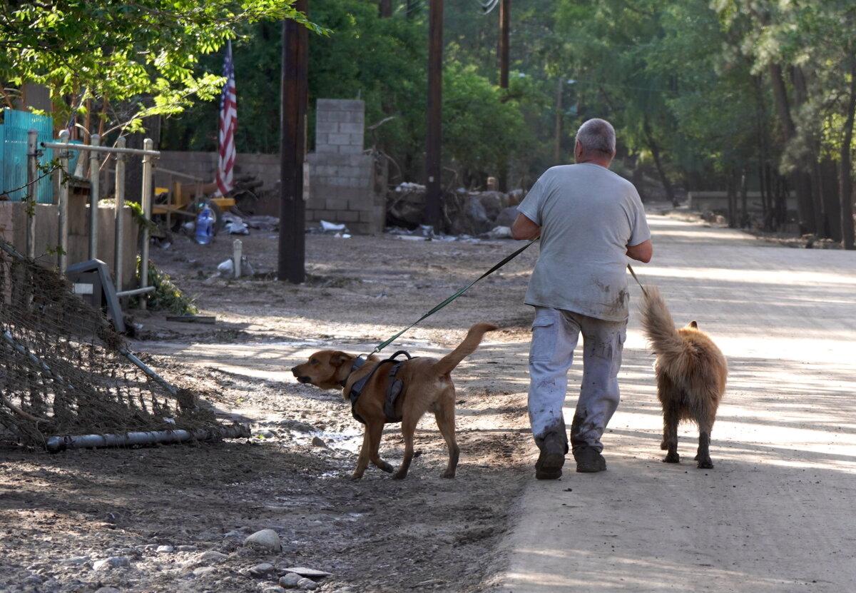 A man walks his two dogs through a trailer park destroyed by 20-foot floodwaters on July 9, 2025. (Allan Stein/The Epoch Times)