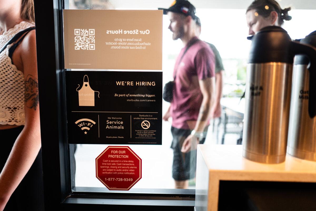 A hiring ad displayed at a coffee shop in Kerrville, Texas, on July 9, 2025. (Madalina Kilroy/The Epoch Times)
