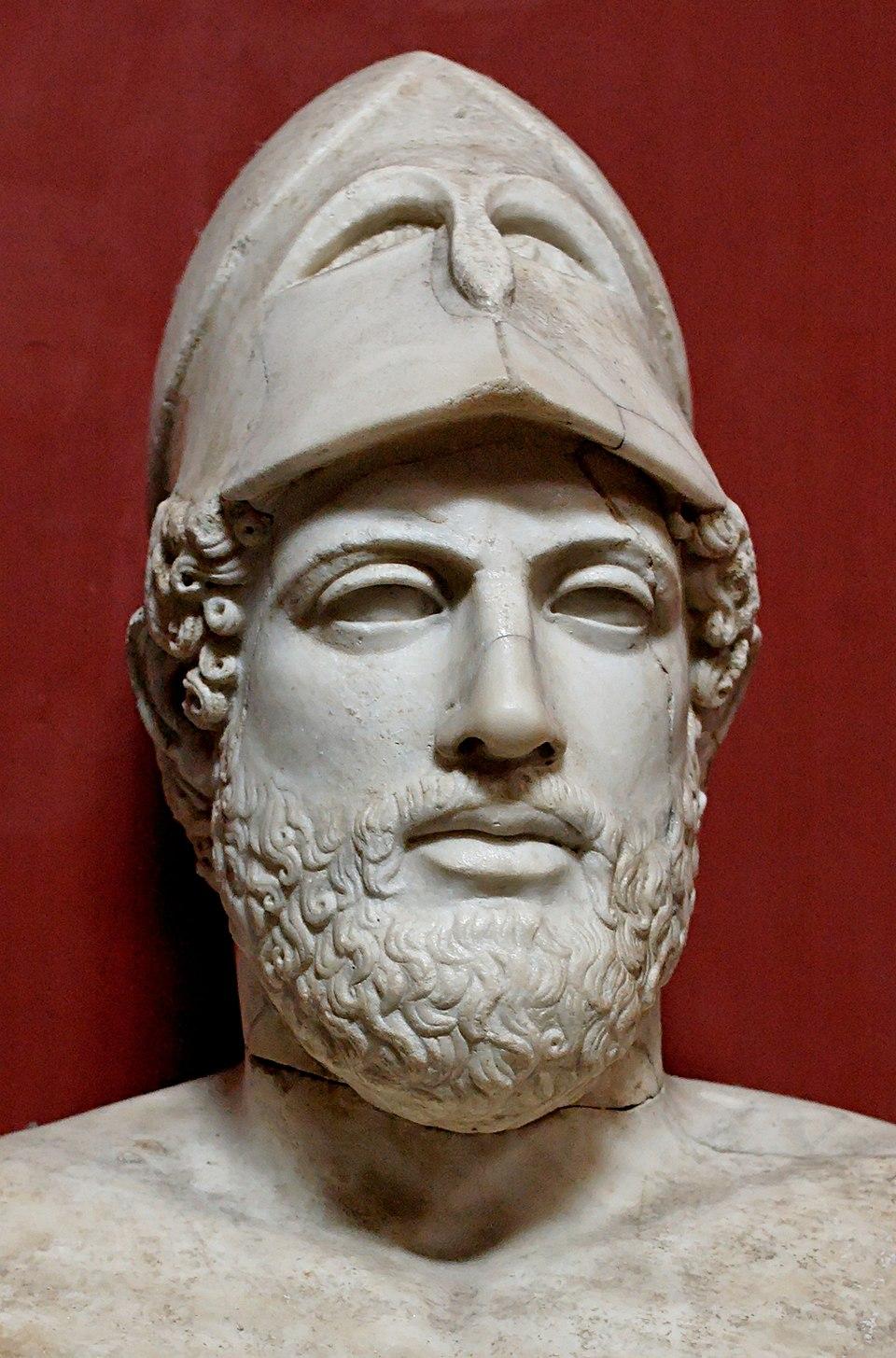 A bust of Pericles with the inscription "Pericles, son of Xanthippus, Athenian." Marble, Roman after original Greek bust, 430 B.C. (Public Domain)