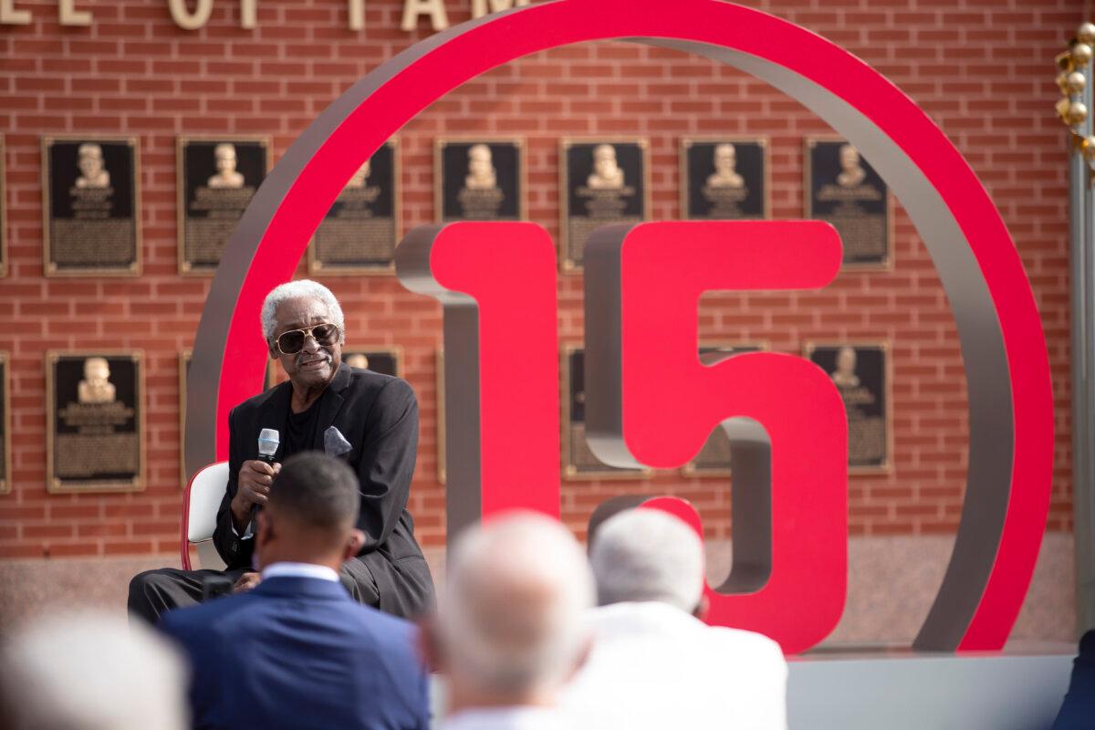 Former Philadelphia Phillies player Dick Allen speaks to attendees during his #15 jersey retirement ceremony prior to the game between the Washington Nationals and Philadelphia Phillies at Citizens Bank Park in Philadelphia, Pennsylvania, on Sept. 3, 2020. (Mitchell Leff/Getty Images)