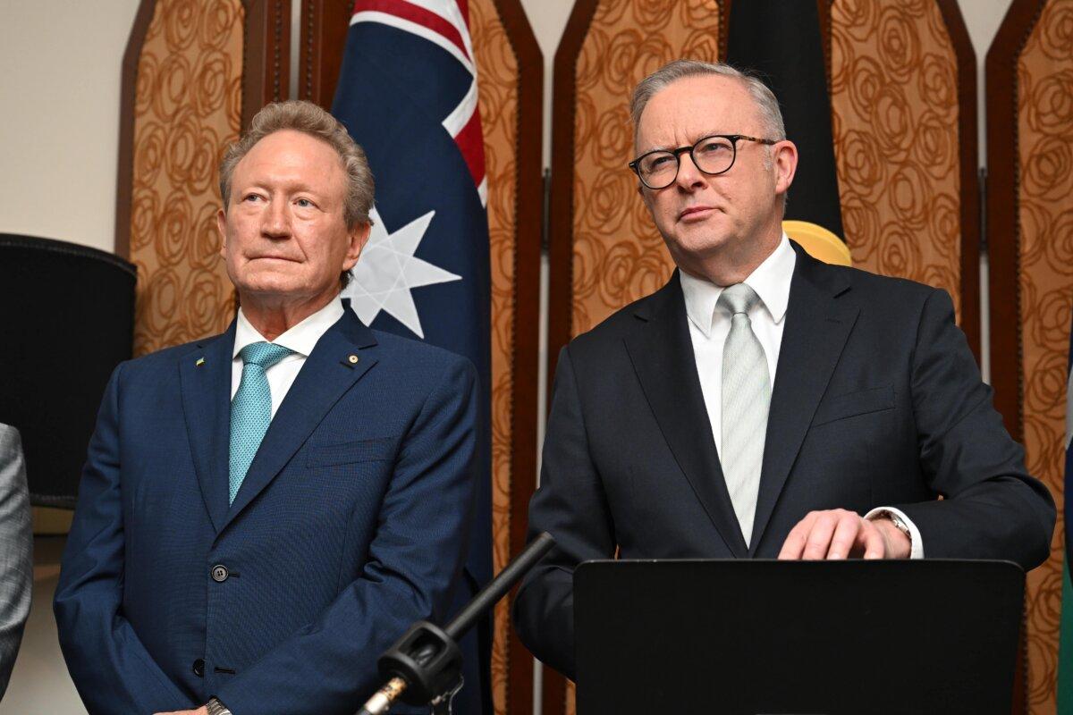 Australian mining magnate Andrew “Twiggy” Forrest and Prime Minister Anthony Albanese at a press conference after a Steel Decarbonisation Roundtable in Shanghai, China, on July 12, 2025. (AAP Image/Lukas Coch)