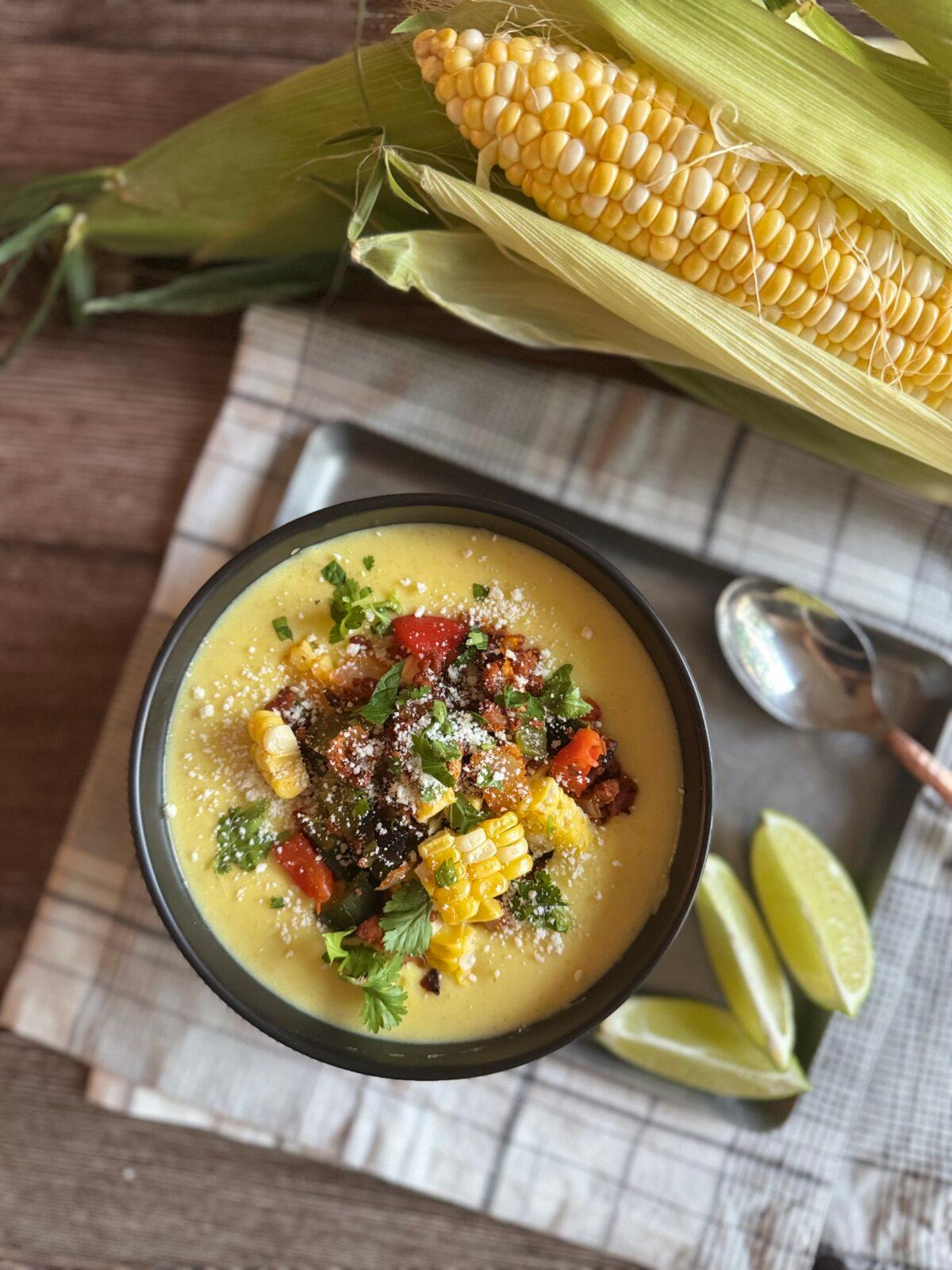 The soup is served elote-style, with Mexican street corn garnishes. (JeanMarie Brownson/TCA)