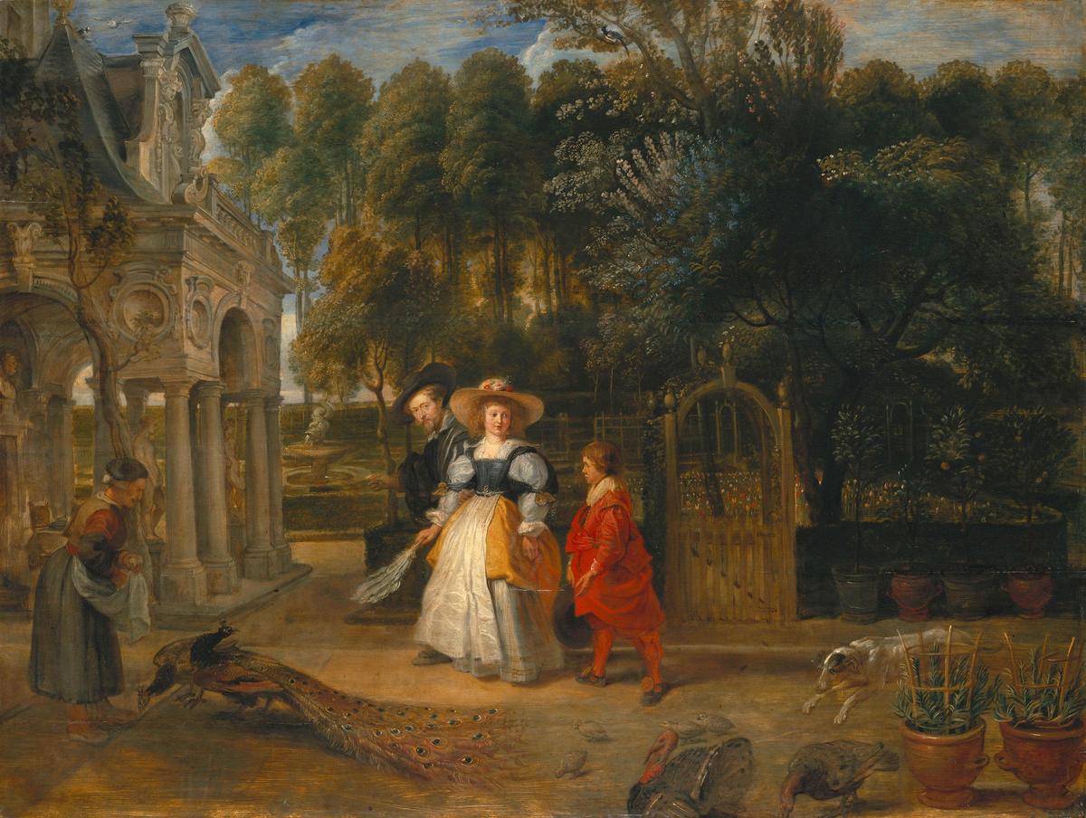 Rubens and his second wife in the garden, circa 1640, by Peter Paul Rubens. Oil on panel; 38 1/4 inches by 51 2/5 inches. Alte Pinakothek , Munich, Germany. (Public Domain)