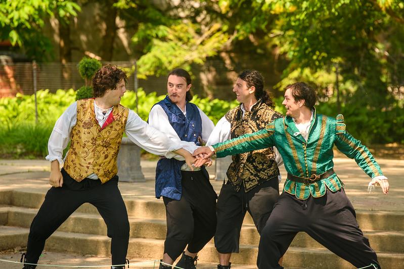 (L<span style="font-weight: 400;">–</span>R) Longaville (Dane Brandon), Berowne (Brandon Beach), King Ferdinand (Joshua Pennington), and Dumaine (Travis Ascione), in "Love's Labour's Lost." (Tom McGrath/ TCMcG Photography)