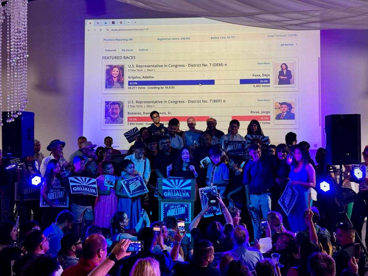 Adelita Grijalva speaks after winning the Special Democratic Primary in Arizona's 7th Congressional District, in Tucson, Ariz., on July 15, 2025. (Arjun Singh/The Epoch Times)