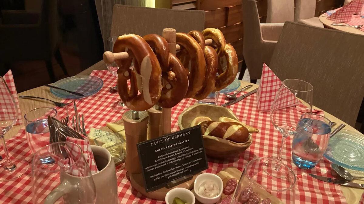 The "Taste of Germany" chef's tasting menu on last October's Viking Grand European Tour cruise included grilled char filet, cheese-filled sausage, braised beef, bread dumplings, sauerkraut and, of course, pretzel appetizers. (George Varga/San Diego Union-Tribune/TNS)