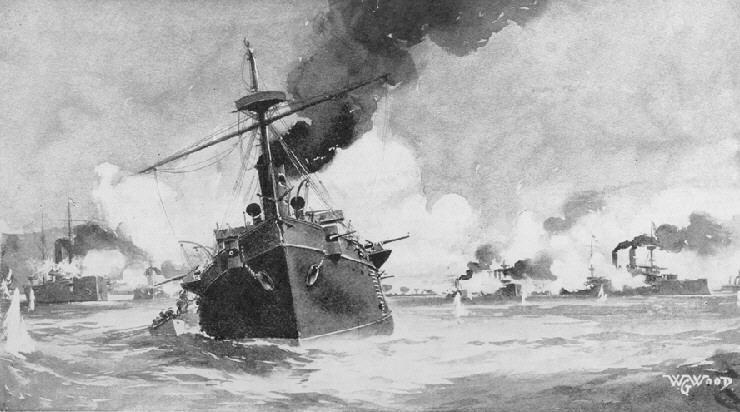 "Battle of Manila Bay," circa 1898, painting by W.G. Wood. Reina Cristina (foreground) in action against Dewey's squadron (R). (Public Domain)