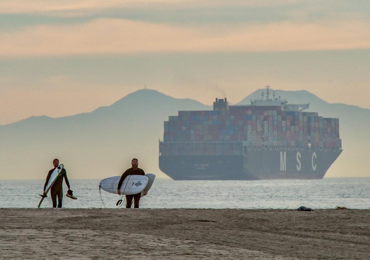 A file photo of a shipping vessel off the coast of Seal Beach, Calif., on Jan. 12, 2021. (John Fredricks/The Epoch Times)