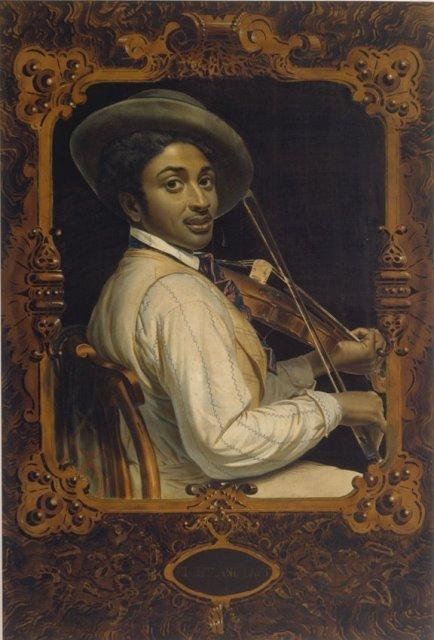 “Right and Left,” 1852, by Jean-Baptiste Lafosse after William Sidney Mount. Colored lithograph with hand-painted border; 45 inches by 35 inches. This lithograph shows a right-handed fiddler; Mount had painted a left-handed fiddler. Long Island Museum of Art, History, and Carriages, Stony Brook, N.Y.<a href="https://commons.wikimedia.org/wiki/File:William_Sidney_Mount,_painting,_%22Right_and_Left%22,_1850.jpg" target="_blank" rel="nofollow noopener"> (Long Island Museum/CC BY-SA 4.0)</a>