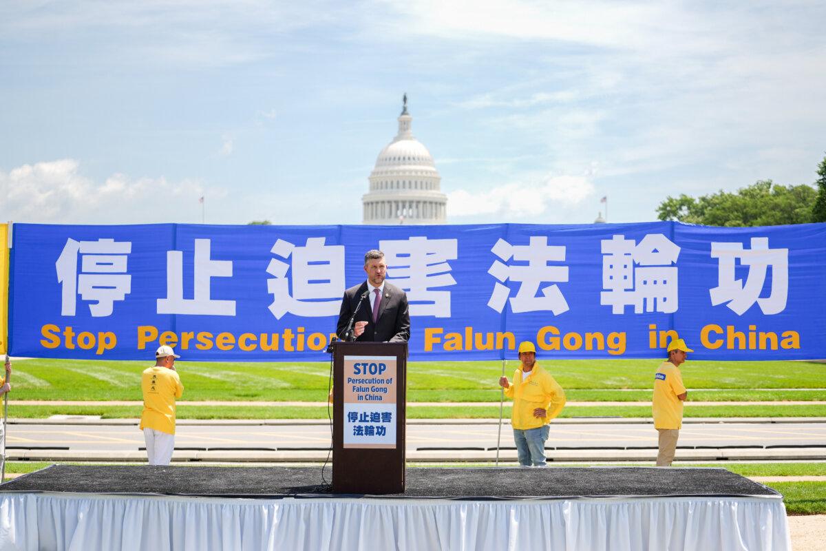 Rep. Pat Ryan (D-N.Y.) speaks during a rally calling for the end of the Chinese Communist Party’s 26 years of persecution of Falun Gong in China, on the National Mall in Washington on July 17, 2025. (Madalina Kilroy/The Epoch Times)