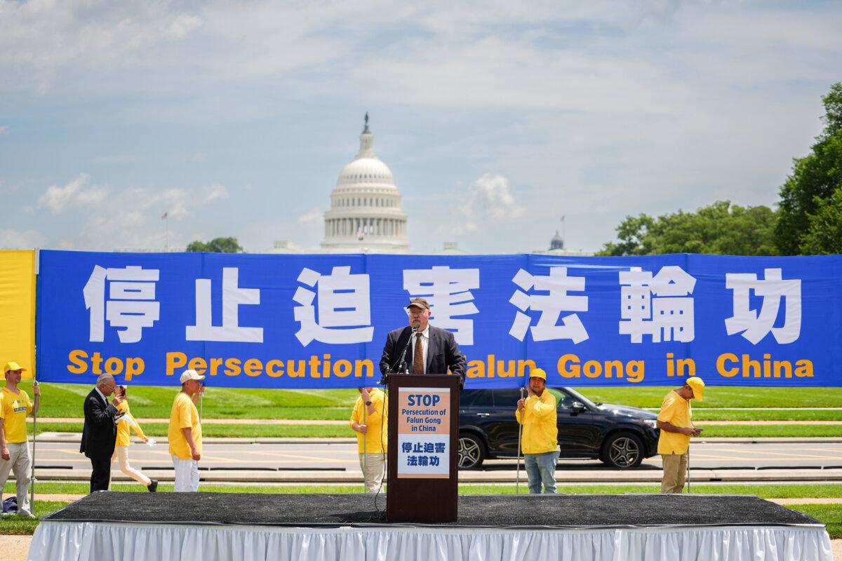 Rick Fisher, senior fellow of the International Assessment and Strategy Center, speaks during a Falun Dafa rally calling for the end of the Chinese Communist Party’s 26 years of persecution of Falun Gong in China, on the National Mall in Washington on July 17, 2025. (Madalina Kilroy/The Epoch Times)