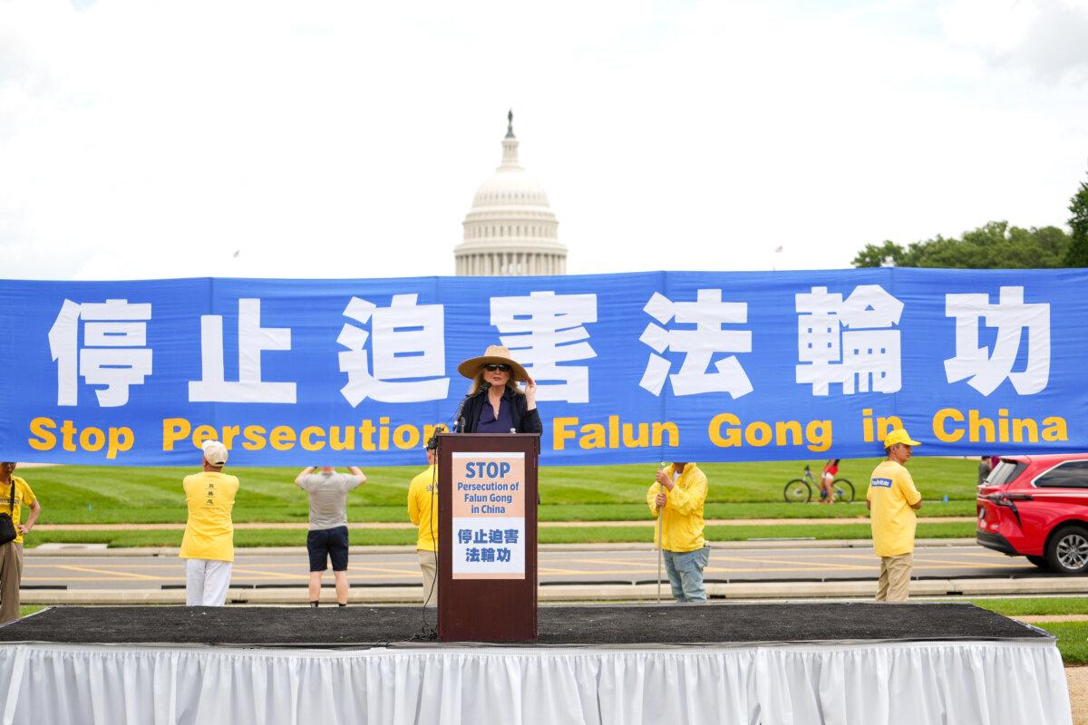 Nina Shea, director of the Center for Religious Freedom at Hudson Institute, speaks during a rally calling for the end of the Chinese Communist Party’s 26 years of persecution of Falun Gong in China, on the National Mall in Washington on July 17, 2025. (Madalina Kilroy/The Epoch Times)