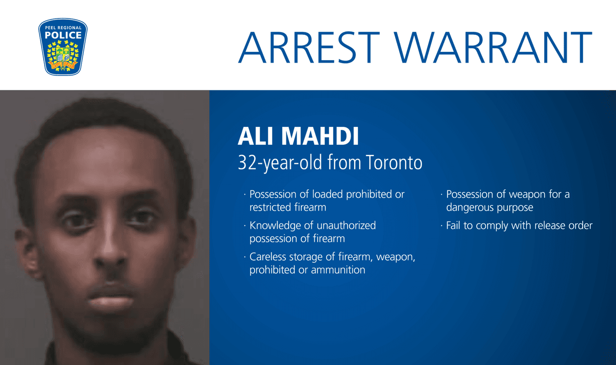 An arrest warrant has been issued for 32-year-old Ali Mahdi from Toronto. (Peel Regional Police handout photo)