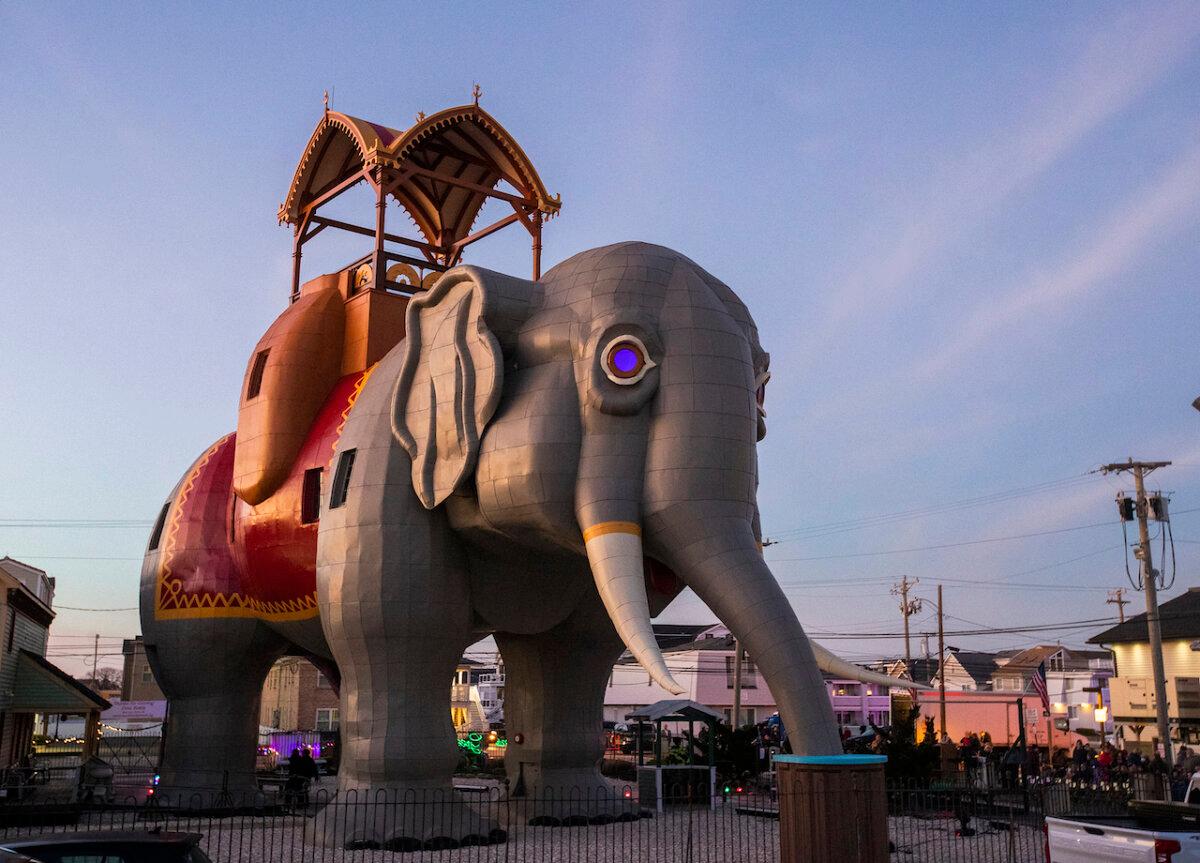 Lucy the Elephant is shown at dusk After dark, Lucy was officially unveiled in Margate, N.J. after a $2.4 million renovation on Dec. 28, 2022. (Charles Fox/The Philadelphia Inquirer/TNS)