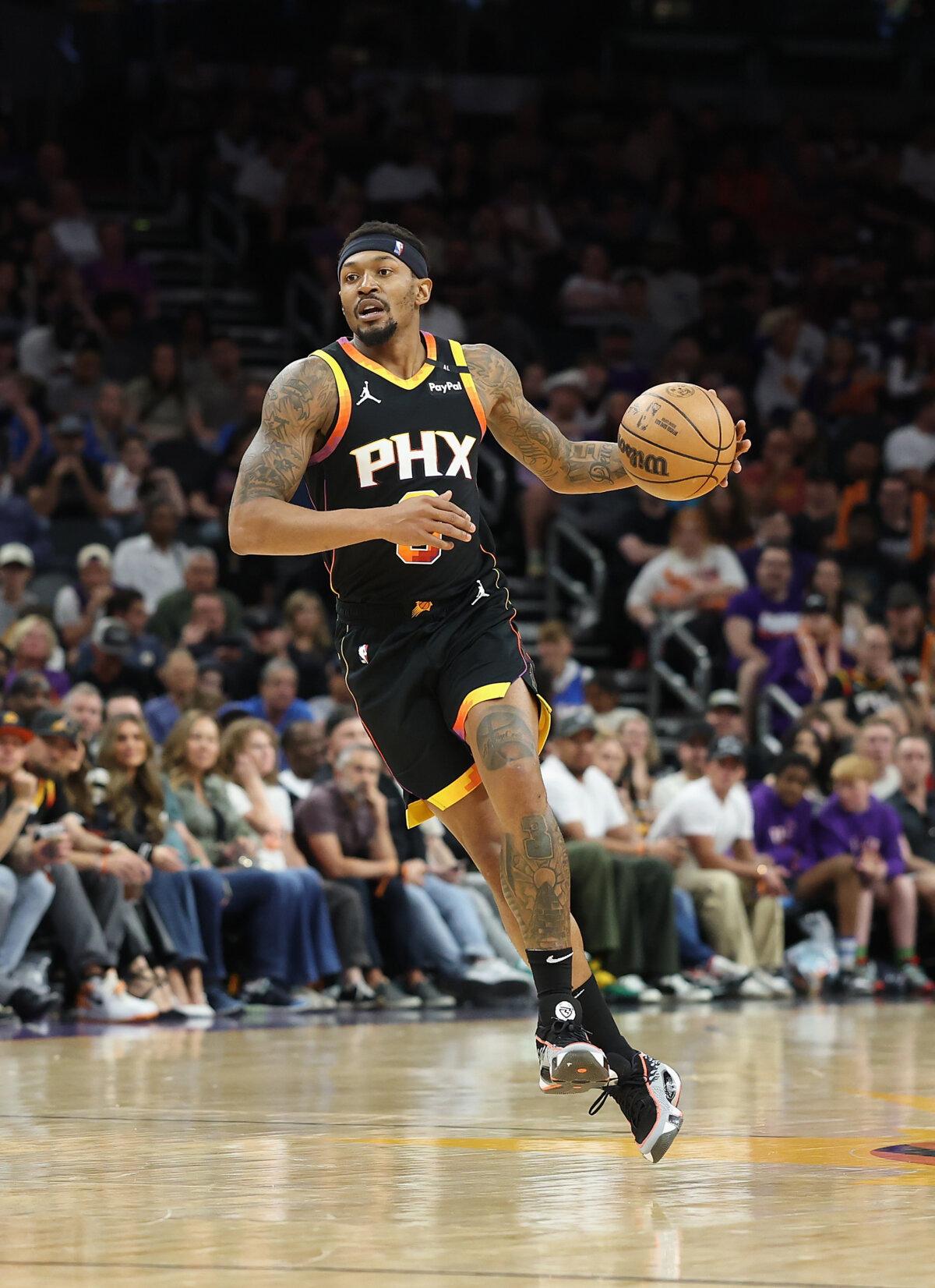 Bradley Beal of the Suns handles the ball during a game at PHX Arena in Phoenix on April 9, 2025. (Christian Petersen/Getty Images)