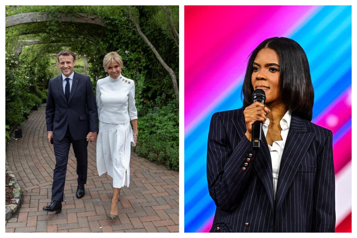 (Left) French President Emmanuel Macron and his wife Brigitte Macron attend a drinks reception for Queen Elizabeth II and G7 leaders at The Eden Project during the G7 Summit in St Austell, Cornwall, England, on June 11, 2021. (Right) US conservative author Candace Owens speaks at the Conservative Political Action Conference 2022 in Orlando on Feb. 25, 2022. (Jack Hill - WPA Pool/Getty Images; Chandan Khanna/AFP via Getty Images)