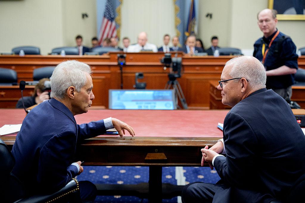 Former U.S. Ambassador to Japan Rahm Emanuel (L) and former Australian Prime Minister Scott Morrison (R), at a U.S. Congress hearing in Washington, DC, on July 23, 2025. (Andrew Harnik/Getty Images)