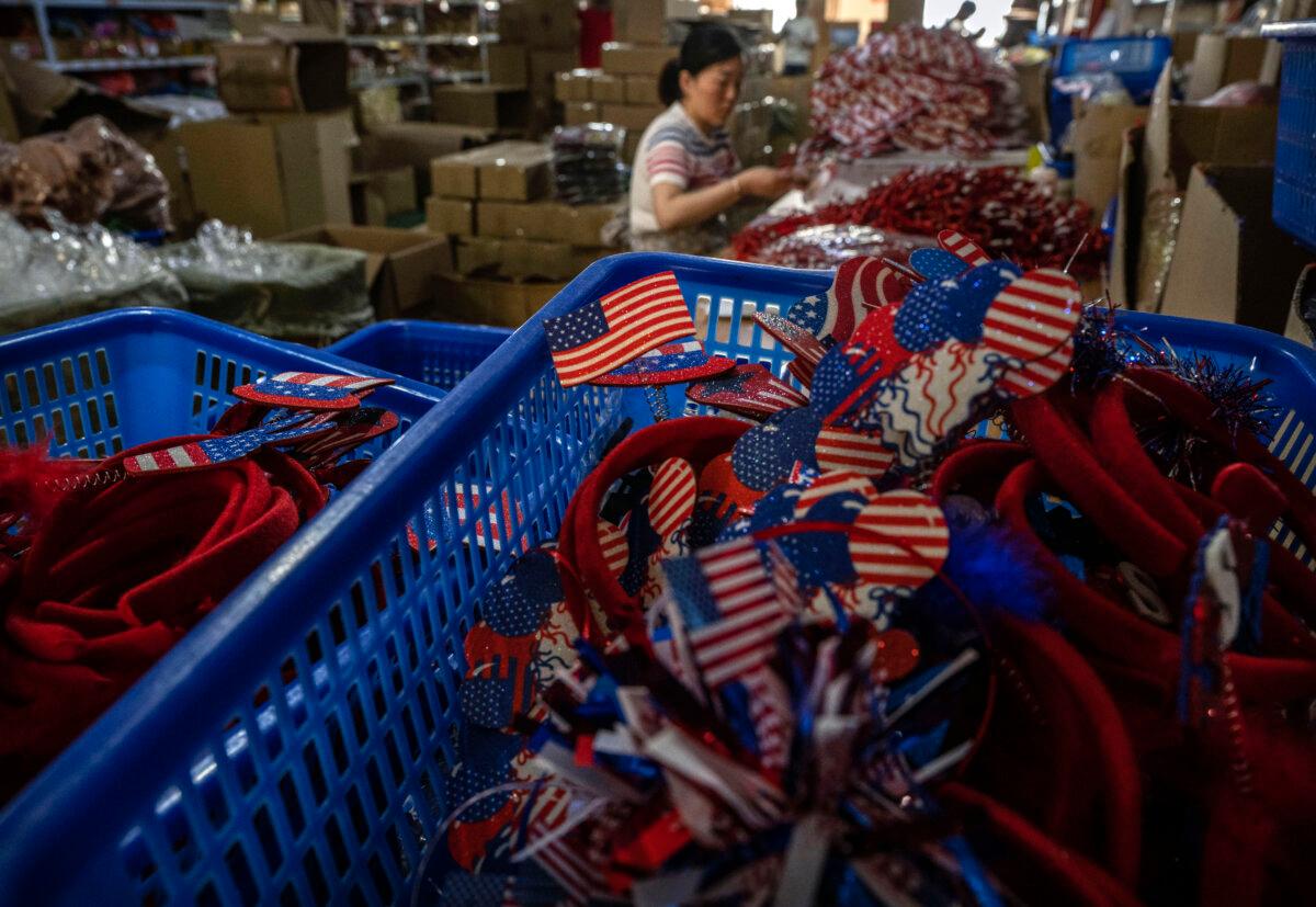 Items with the American flag are seen at a Chinese factory in Yiwu, China, on April 28, 2025. (Kevin Frayer/Getty Images)